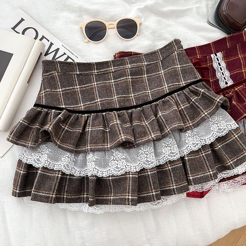 High Rise Plaid Mini Tiered Skirt Product Image