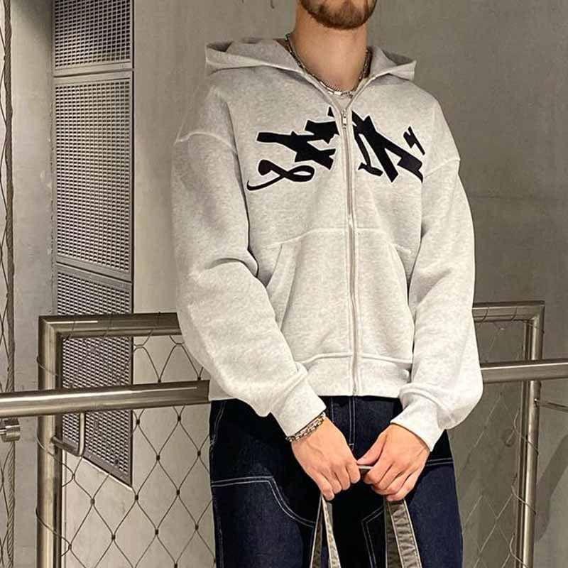 Print Contrast Stitched Zip-Up Hoodie / Elastic Waist Harem Sweatpants Product Image