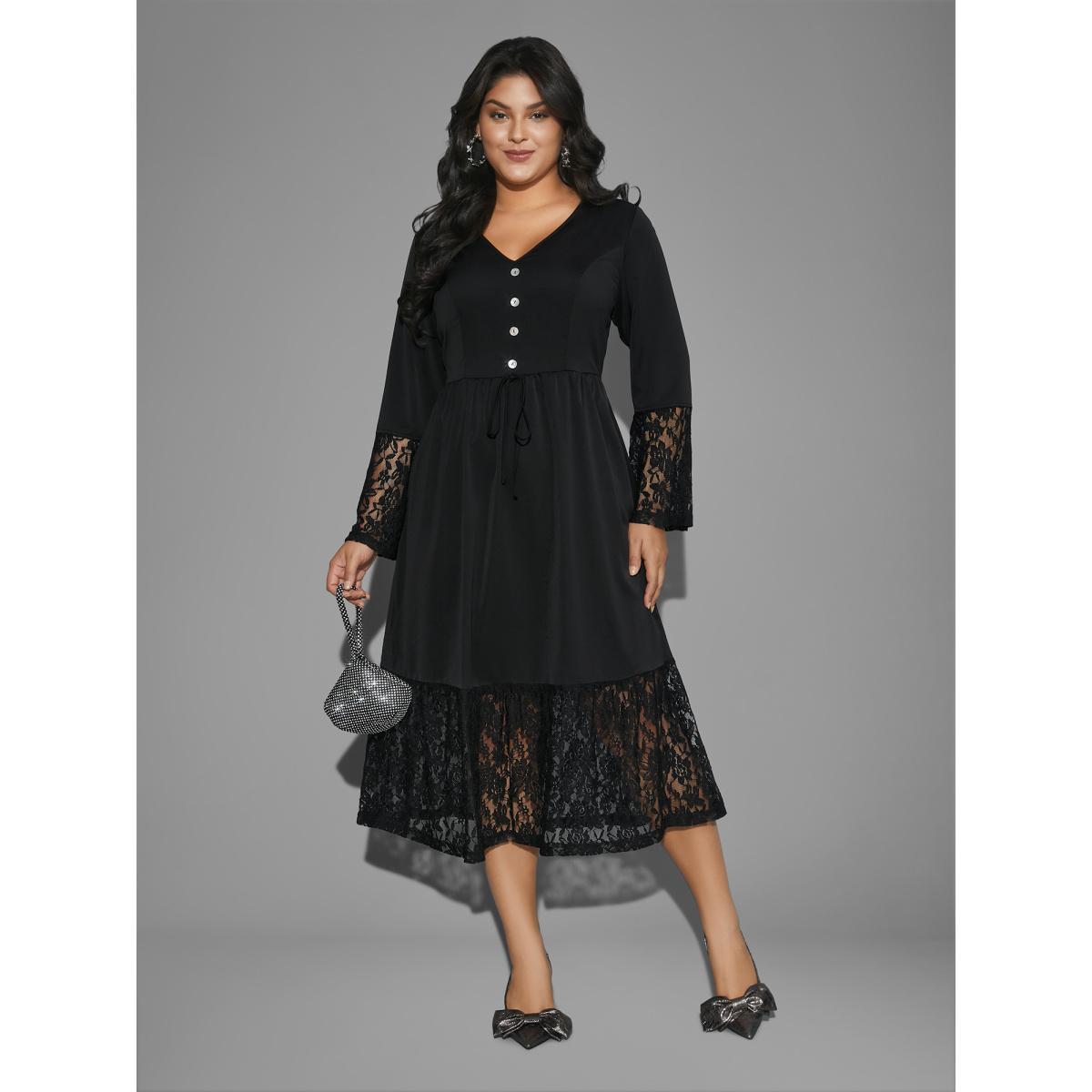 Plus Size Lace Patchwork Button Detail Tie Knot Dress Black Women Cocktail Woven ribbon&lace trim Party Curvy Bloomchic 28/5X Product Image