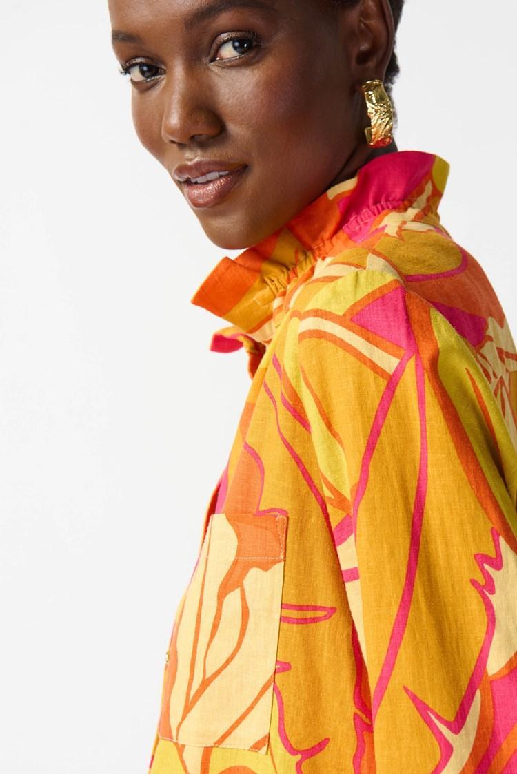 Linen Blend Floral Print Trapeze Blouse Product Image