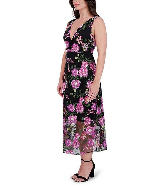 SIENA Floral Embroidered Mesh Plunge V-Neck Sleeveless A-Line Midi Dress Product Image