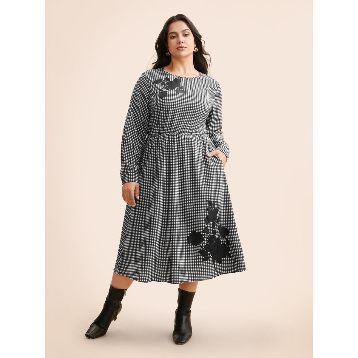 Plus Size Gingham Silhouette Floral Print Midi Dress Black Women Elegant Non Round Neck Long Sleeve Curvy BloomChic 28/5X Product Image