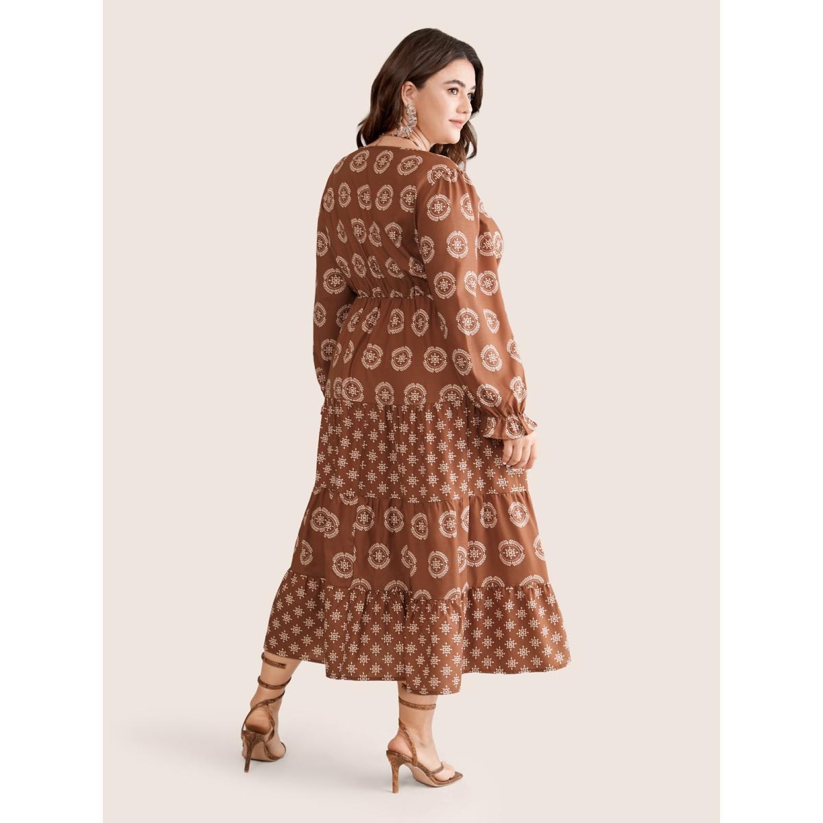 Plus Size Geometric Wrap Ruffle Layered Hem Dress Chocolate Women Vacation Wrap Overlap Collar Long Sleeve Curvy Midi Dress BloomChic 28/5X Product Image