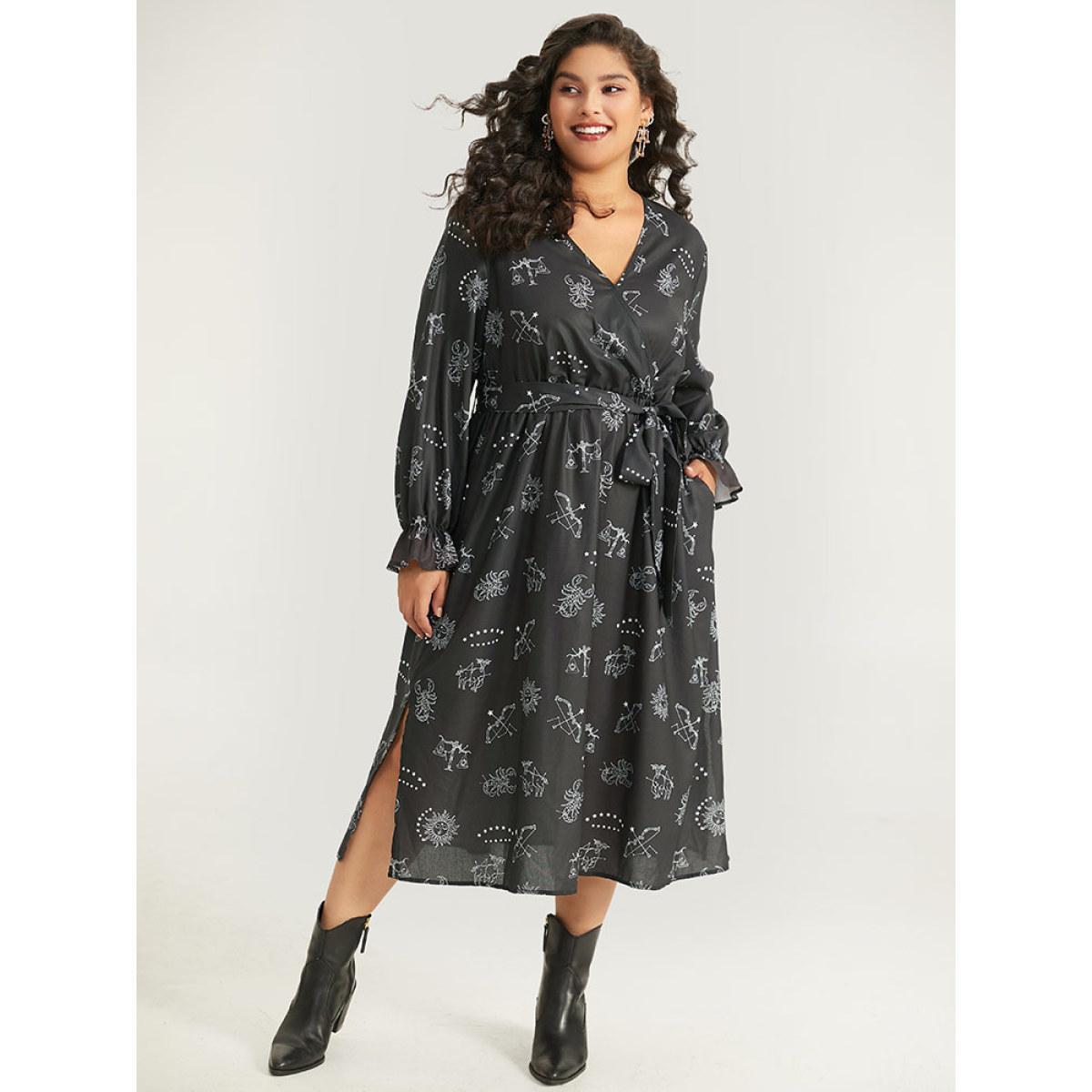 Plus Size Halloween Print Belted Pocket Wrap Split Hem Dress Black Women Elegant Elastic cuffs V-neck Long Sleeve Curvy Midi Dress BloomChic 18-20/2X Product Image