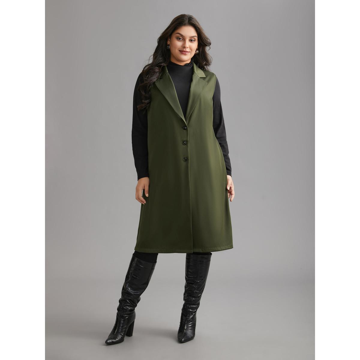 Plus Size Solid Lapel Collar Pockets Coat Women ArmyGreen Elegant Button Loose Ladies Everyday Winter Coats BloomChic 30/6X Product Image