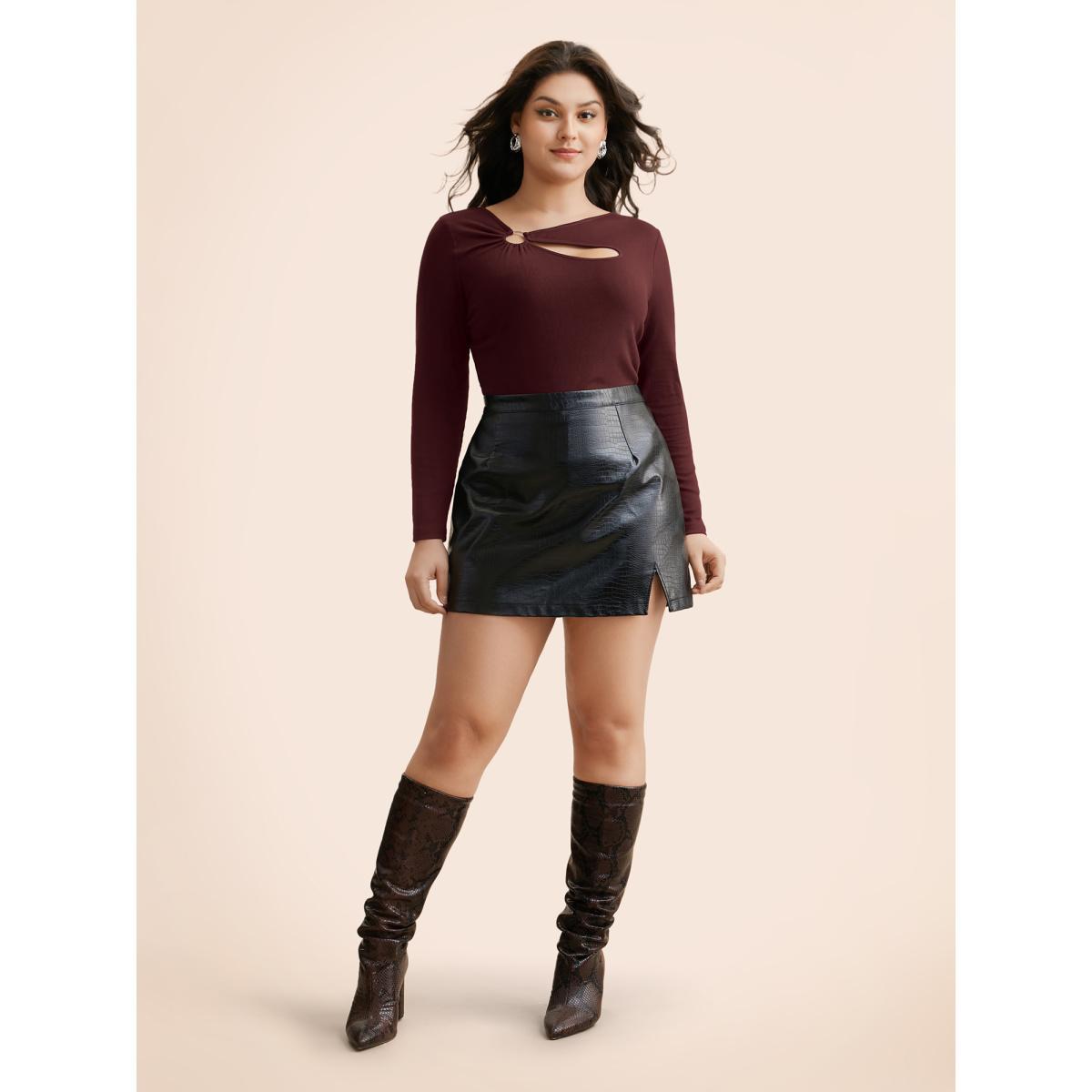 Plus Size Rib Knit Asymmetrical Neck Cut Out T-shirt Burgundy Women Elegant Texture Asymmetrical Neck Skinny Everyday T-shirts BloomChic 22-24/3X Product Image