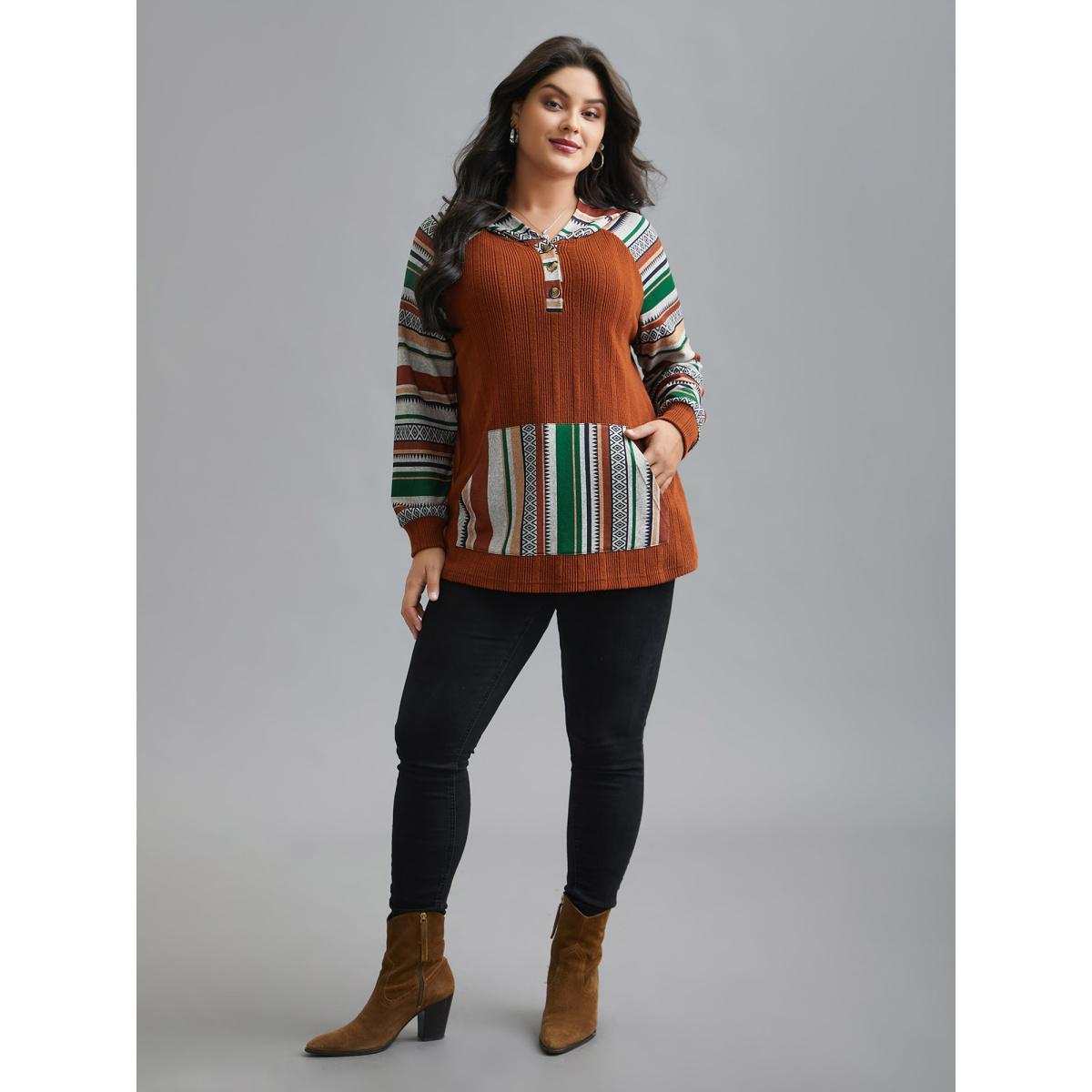 Plus Size Striped Spliced Pocket Hooded T-Shirt Rust Women Casual Texture Hooded Everyday T-shirts BloomChic 12/L Product Image
