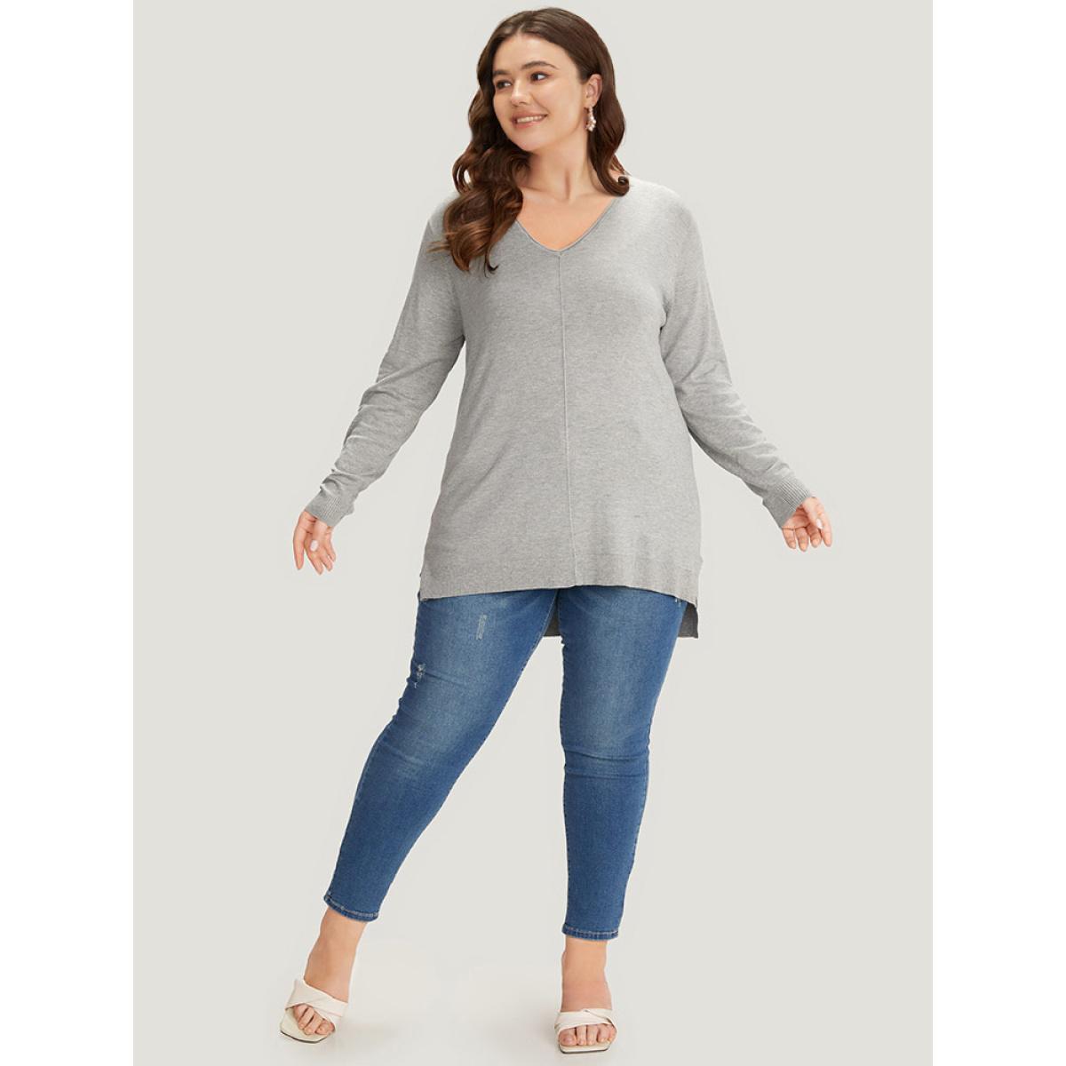 Plus Size Supersoft Essentials Plain Patchwork Split Side Pullover LightGray Women Casual Loose Long Sleeve V-neck Everyday Pullovers BloomChic 14-16/1X Product Image