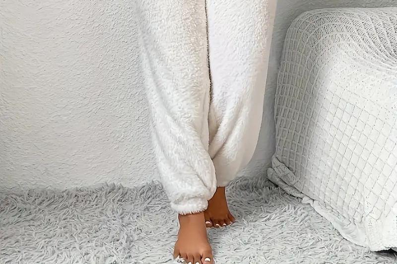 Plus Size Pajama Set: Long-Sleeve V-Neck Plain Fleece Top + Pants Product Image