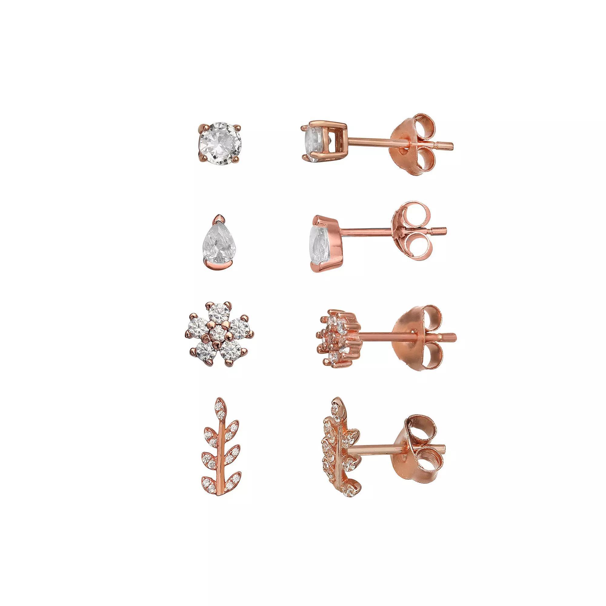 PRIMROSE 4-Pair 18k Gold Over Silver Cubic Zirconia Stud Earring Set, Women's, Two Tone Rose Gold Product Image