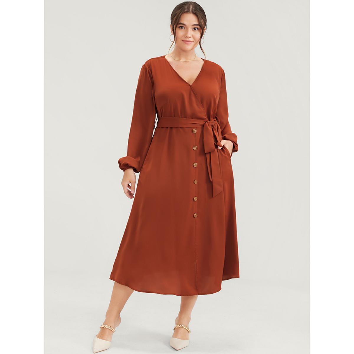 Plus Size Plain Lantern Sleeve Pocket Button Belted Split Front Wrap Dress Chocolate Women Office Button V-neck Long Sleeve Curvy Midi Dress BloomChic 30/6X Product Image