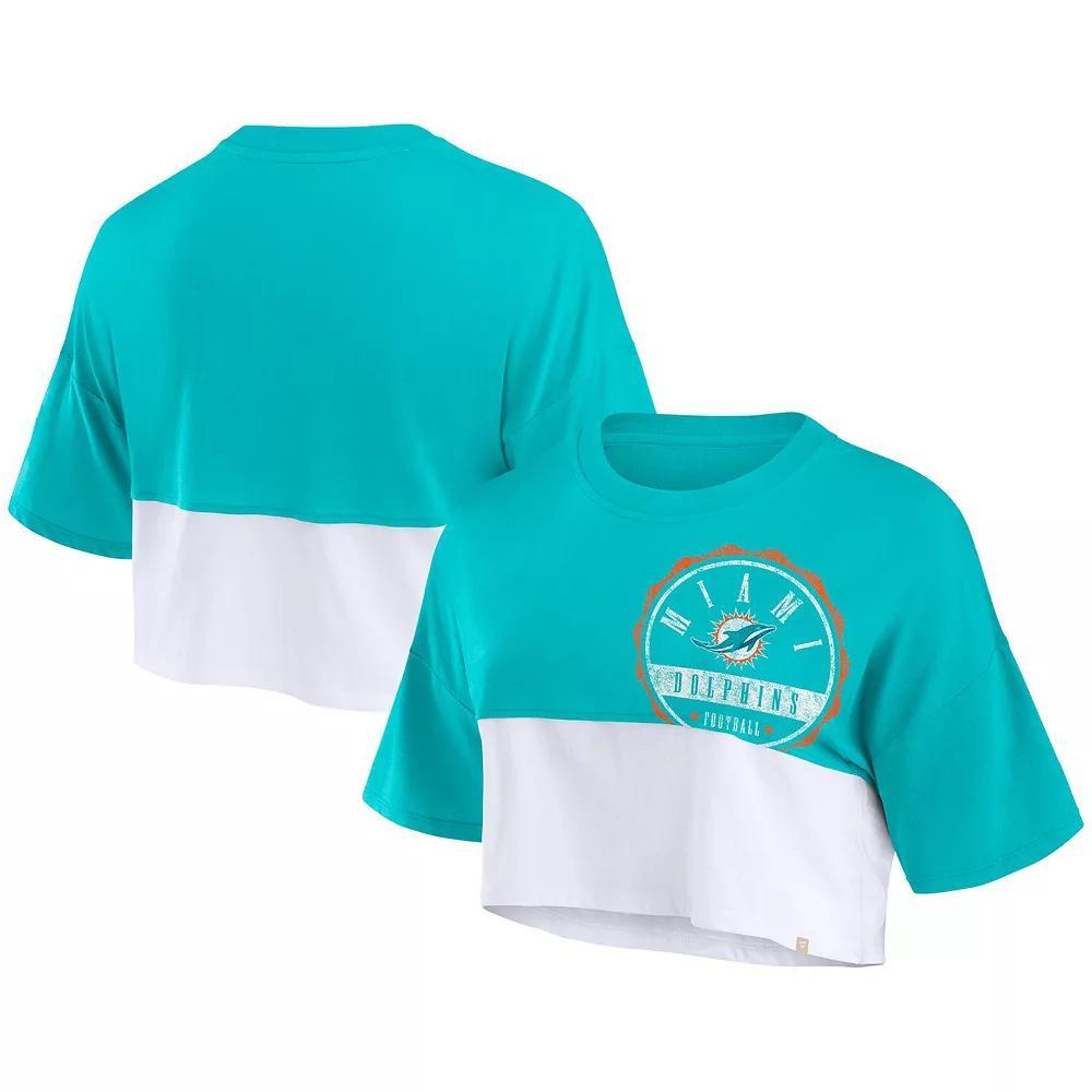 Women's Fanatics Branded Aqua/White Miami Dolphins Boxy Color Split Cropped T-Shirt, Size: 2XL, Turquoise A Product Image