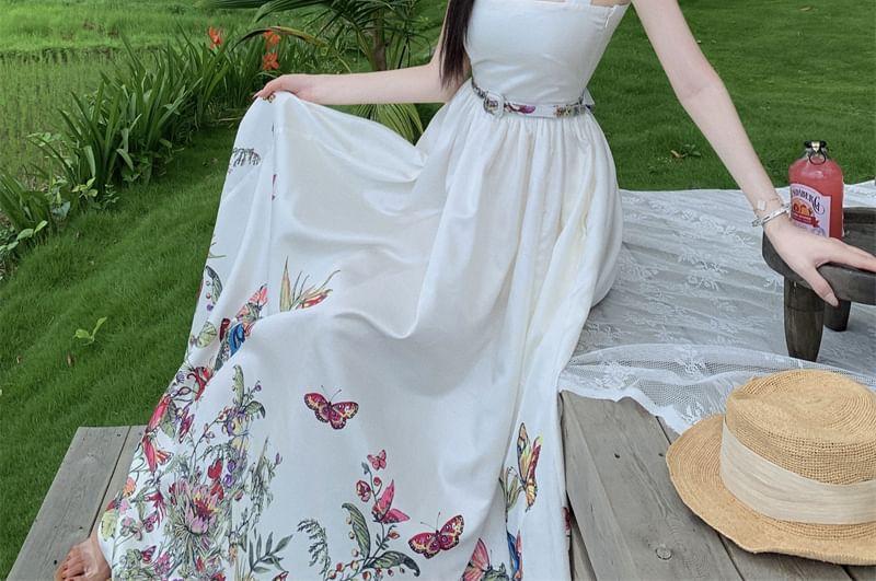 Set: Sleeveless Square Neck Floral Butterfly Print Maxi A-Line Dress + Belt Product Image