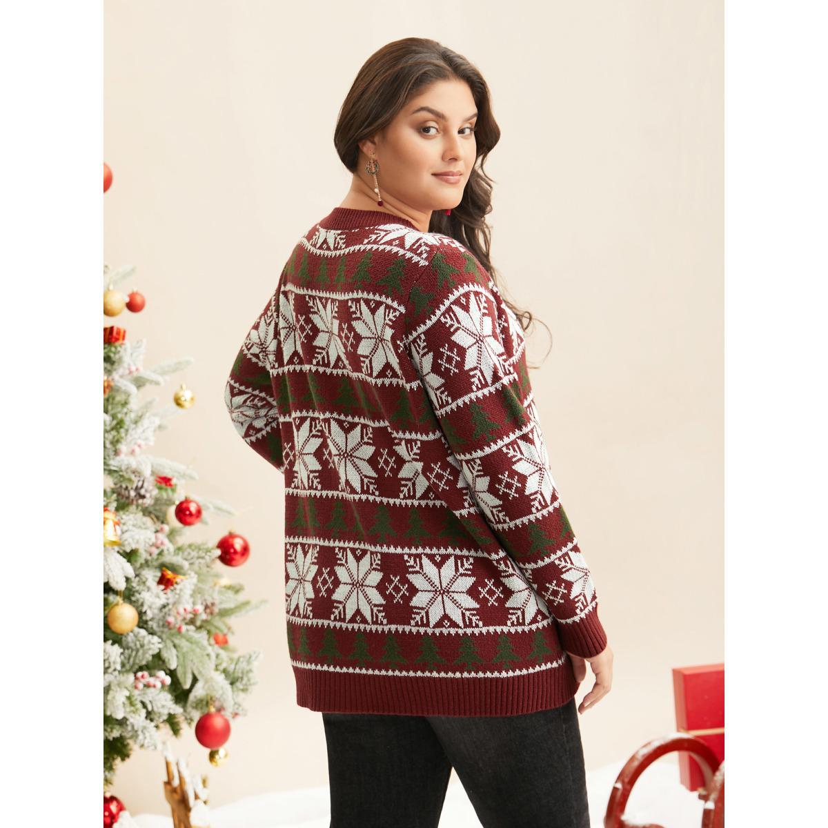 Plus Size Supersoft Essentials Snowflakes Pattern Ribbed Pullover Scarlet Women Casual Loose Long Sleeve Round Neck Everyday Pullovers BloomChic 12/L Product Image