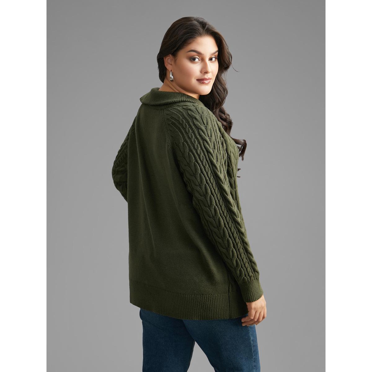 Plus Size Asymmetrical Neck Cable Knit Zipper Pullover ArmyGreen Women Casual Loose Long Sleeve Asymmetrical Neck Everyday Pullovers BloomChic 26/4X Product Image