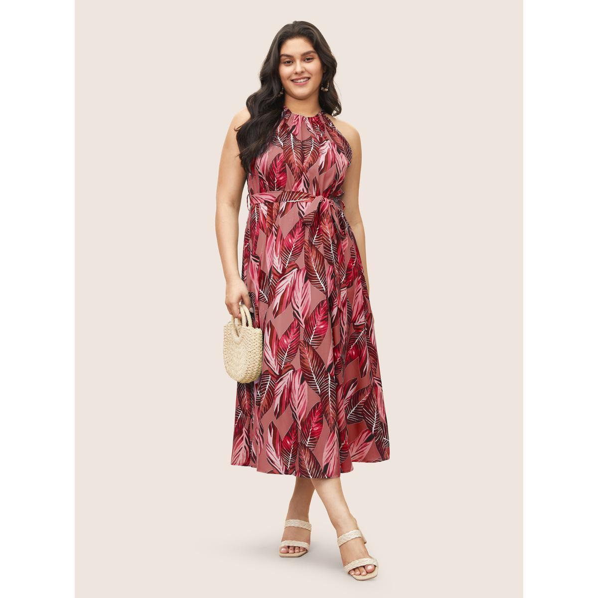 Plus Size Tropical Print Knotted Pocket Ruffles Belted Halter Dress Mediumblue Women Resort Non Halter neck Sleeveless Curvy Midi Dress BloomChic 26/4X Product Image