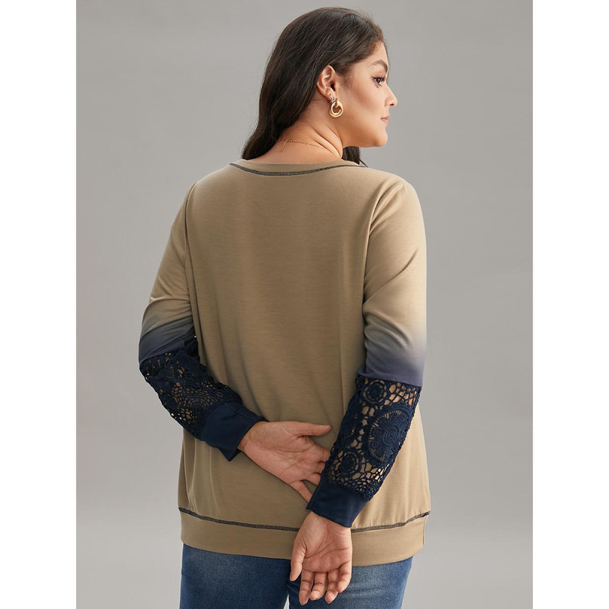 Plus Size Tie Dye Contrast Lace Panel Sweatshirt Women Tan Elegant Contrast Round Neck Dailywear Sweatshirts BloomChic 26/4X Product Image