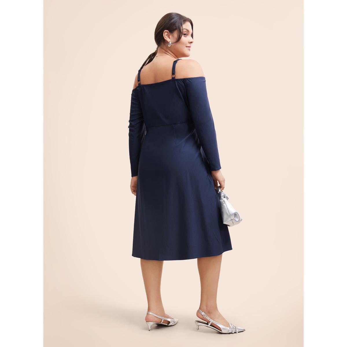 Plus Size Stretch Woven One-Shoulder Midi Dress DarkBlue Women At the Office Button One-shoulder neck Long Sleeve Curvy BloomChic 12/L Product Image