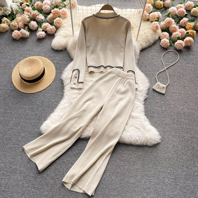 Set: Plain Contrast Trim Cardigan + High Rise Wide Leg Pants Product Image