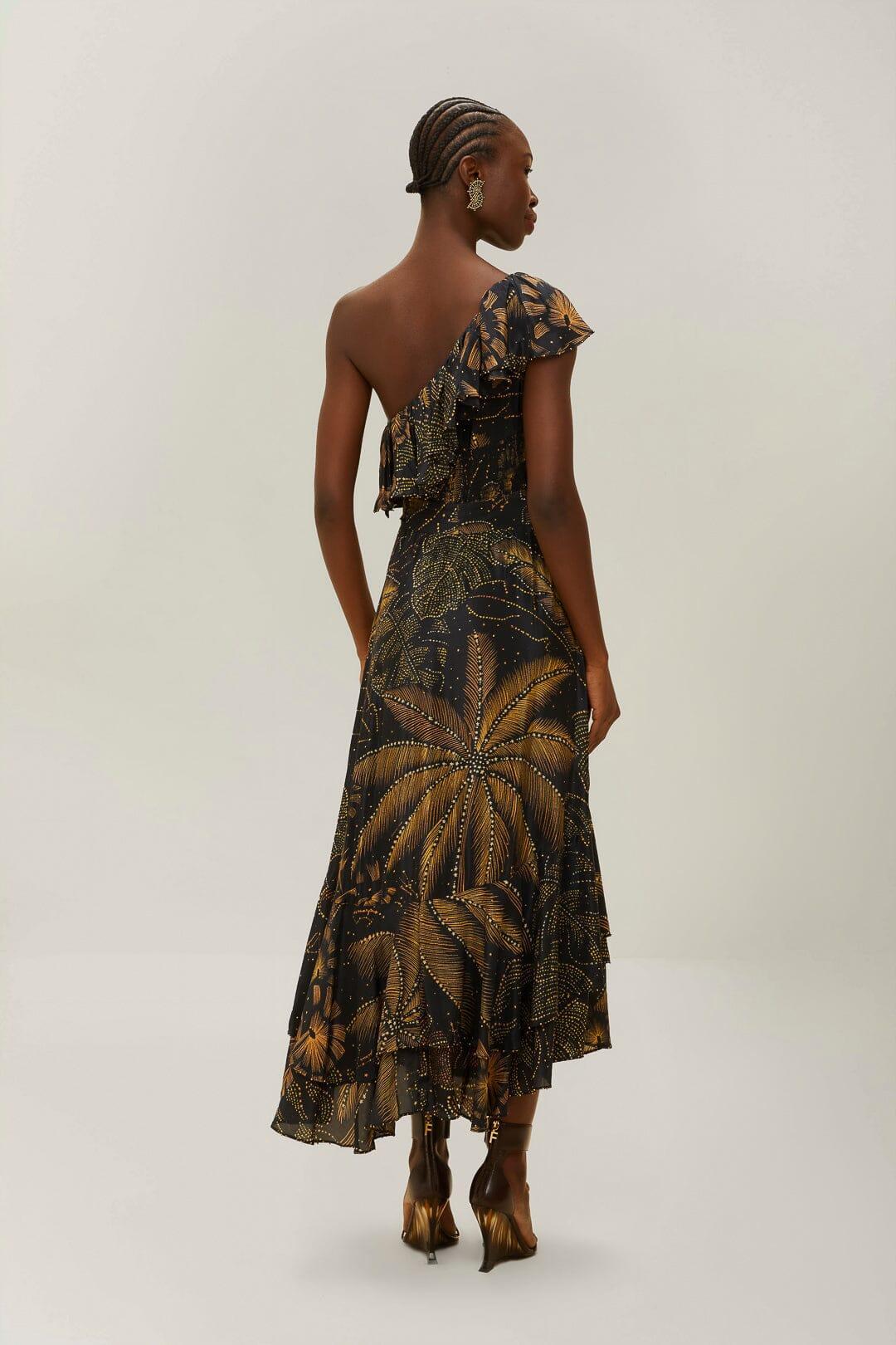 Black Golden Foliage One-Shoulder Maxi Dress, GOLDEN FOLIAGE BLACK / XXS Product Image