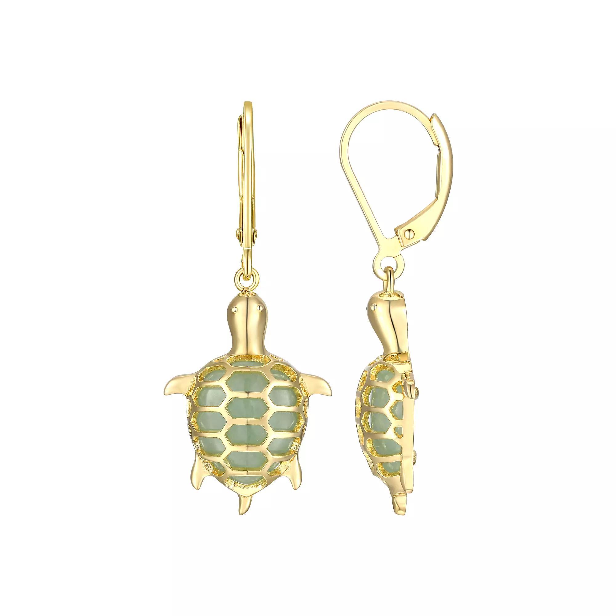 Dynasty Jade 18k Gold Over Sterling Silver Jade Turtle Leverback Drop Earrings, Women's, Gold Tone Product Image