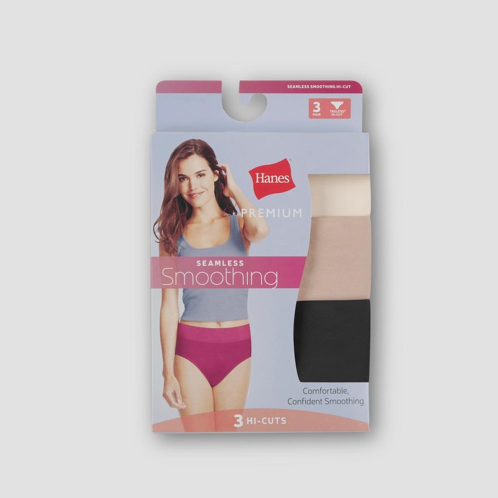 Hanes Premium Women's Smoothing Seamless 3pk Basic High Cut Briefs - Black/Beige 8: Midweight Knit, Full Elastic Waistband Product Image