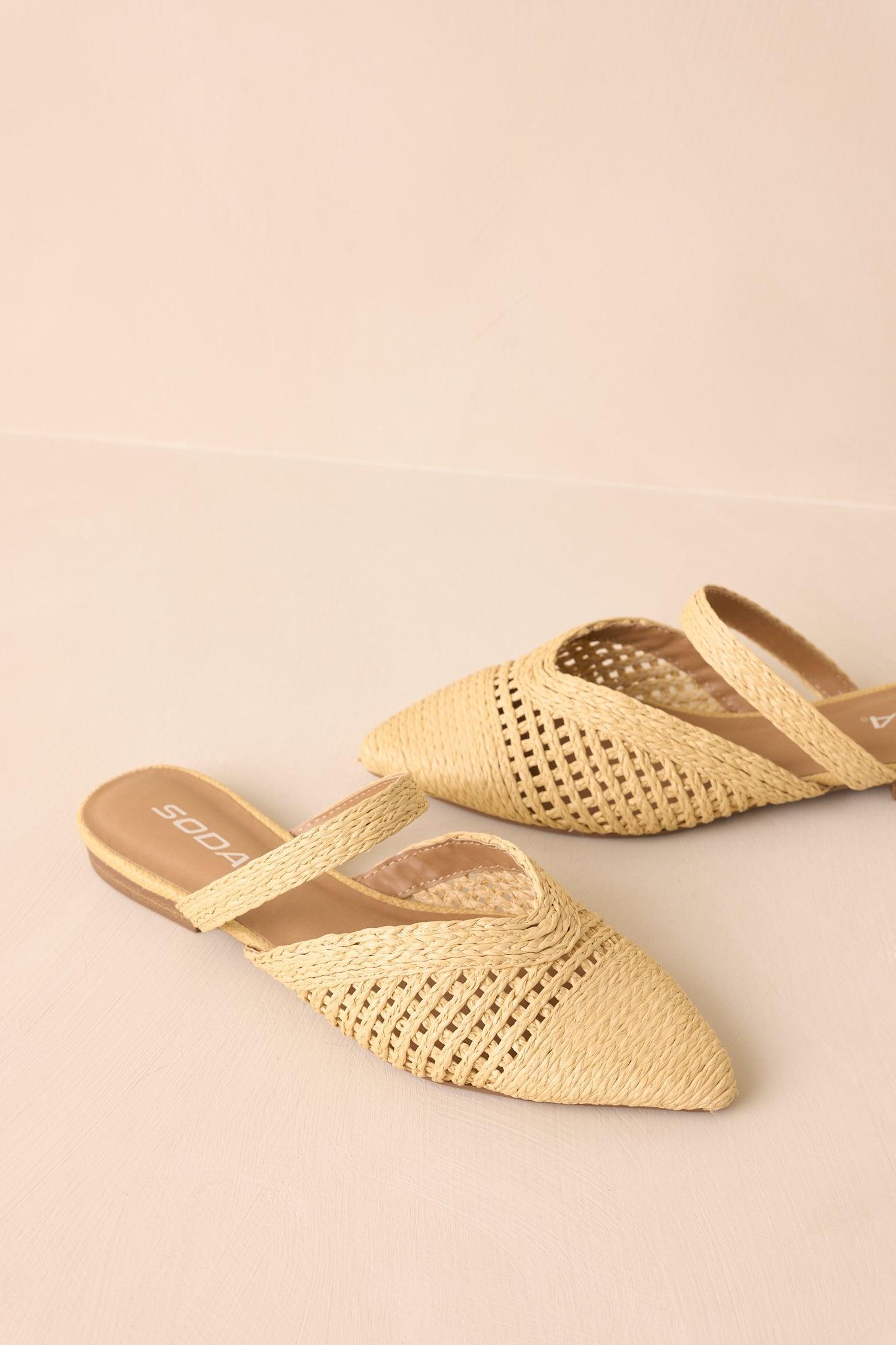 There She Goes Natural Pointed-Toe Woven Raffia Mules Product Image
