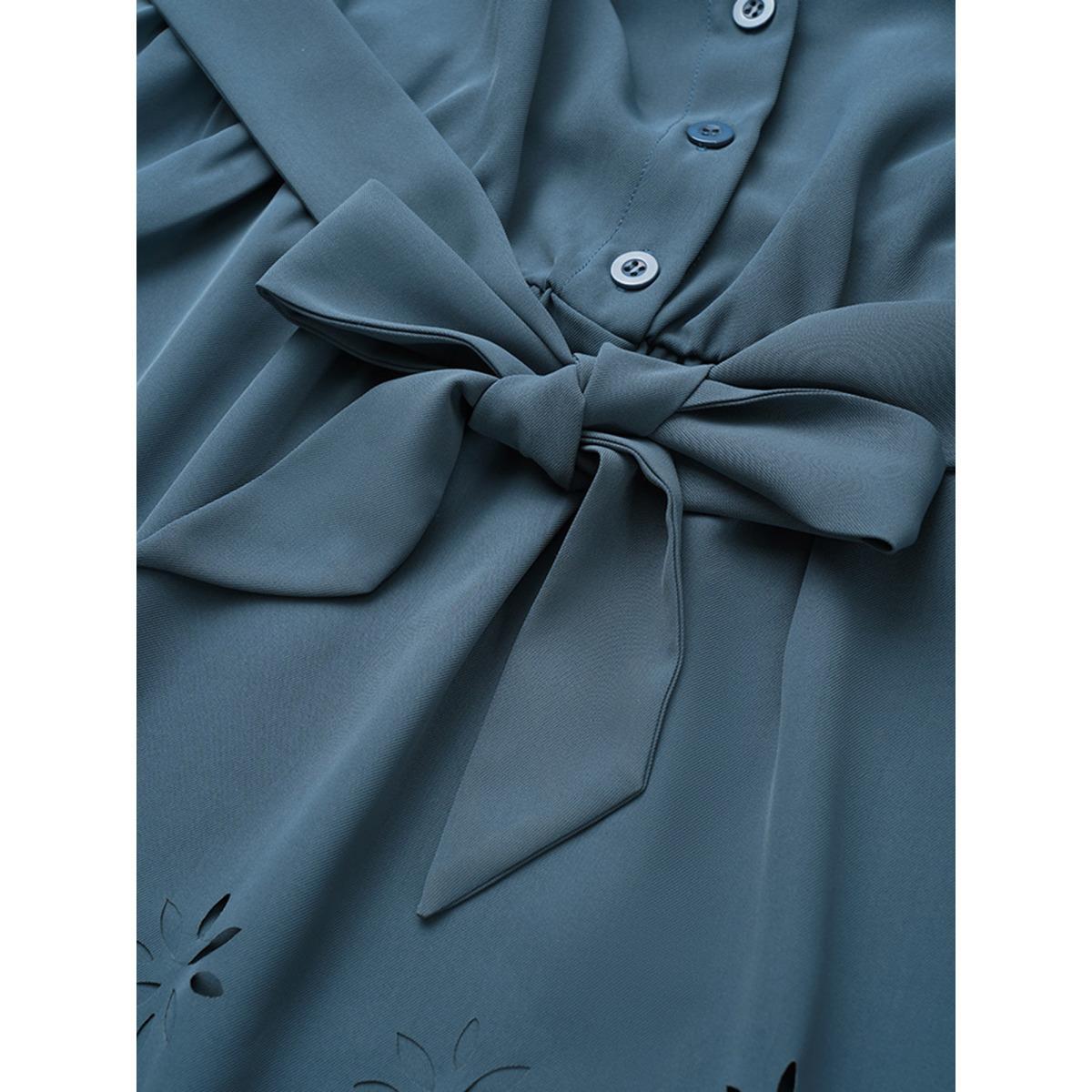 Plus Size Stone Static-Free Laser Cut Belted Scalloped Trim Blouse Women Office Long Sleeve Shirt collar Work Blouses BloomChic 22-24/3X Product Image