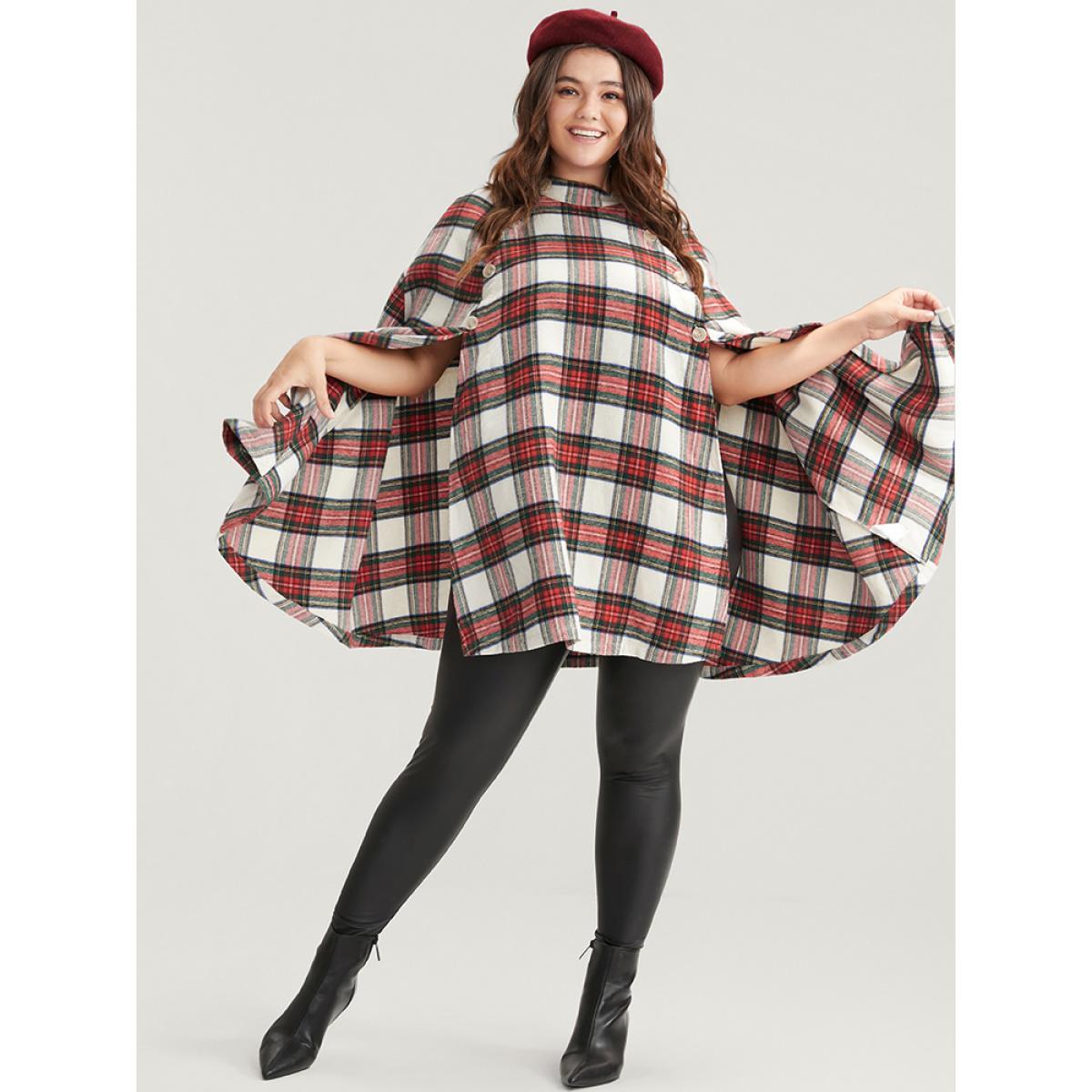 Plus Size Tartan Button Side Cape Coat Without Hat Women Apricot Elegant Button Loose Ladies Dailywear Winter Coats BloomChic 28/5X Product Image