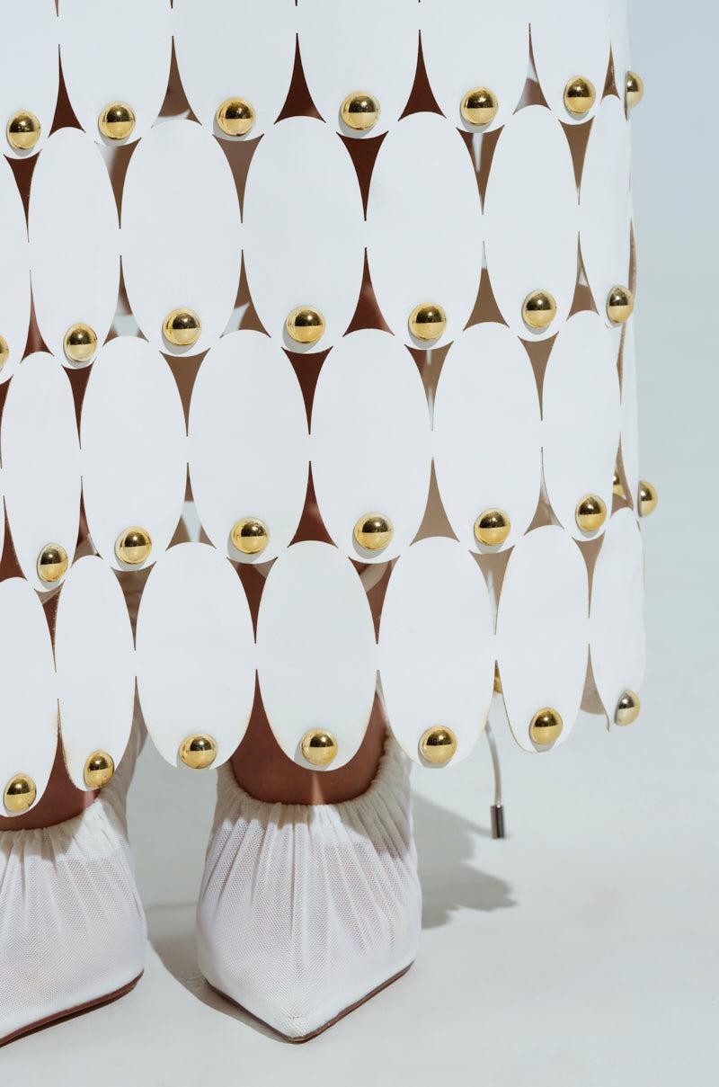THE SNEAK PEEK STUDDED PU MIDI SKIRT IN WHITE Product Image