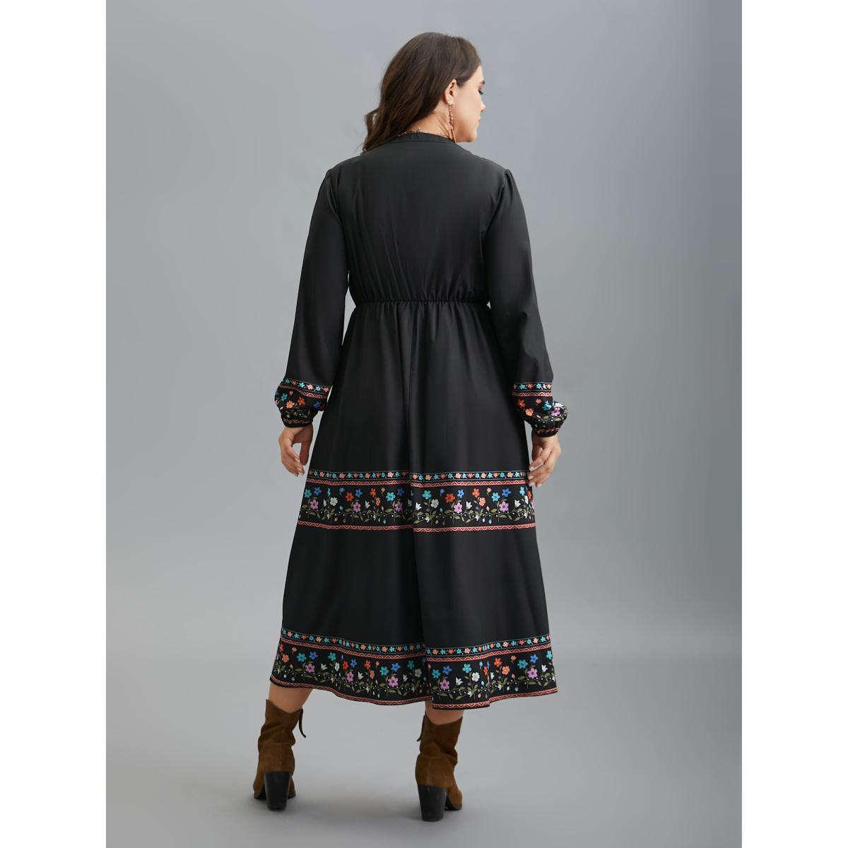 Plus Size Notched Collar Boho Print Midi Dress Black Women Resort Non Notched collar Long Sleeve Curvy BloomChic 28/5X Product Image