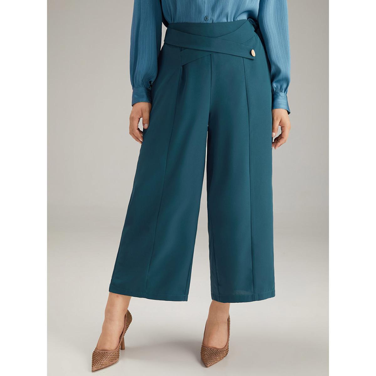 Plus Size Anti-Wrinkle Solid Metal Detail Drape Pants Women Aegean Office Straight Leg Mid Rise Work Pants BloomChic 30/6X Product Image