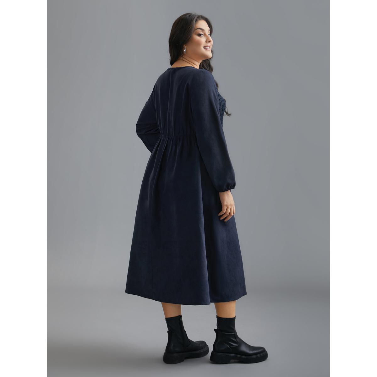 Plus Size Textured Button Detail Lantern Sleeve Dress Indigo Women Casual Texture Round Neck Long Sleeve Curvy BloomChic 14-16/1X Product Image