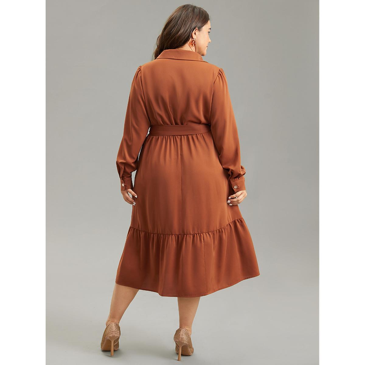 Plus Size Anti-Wrinkle Patchwork Button Up Belted Dress Rust Women Office Plain Lapel Collar Long Sleeve Curvy Midi Dress BloomChic 10/M Product Image