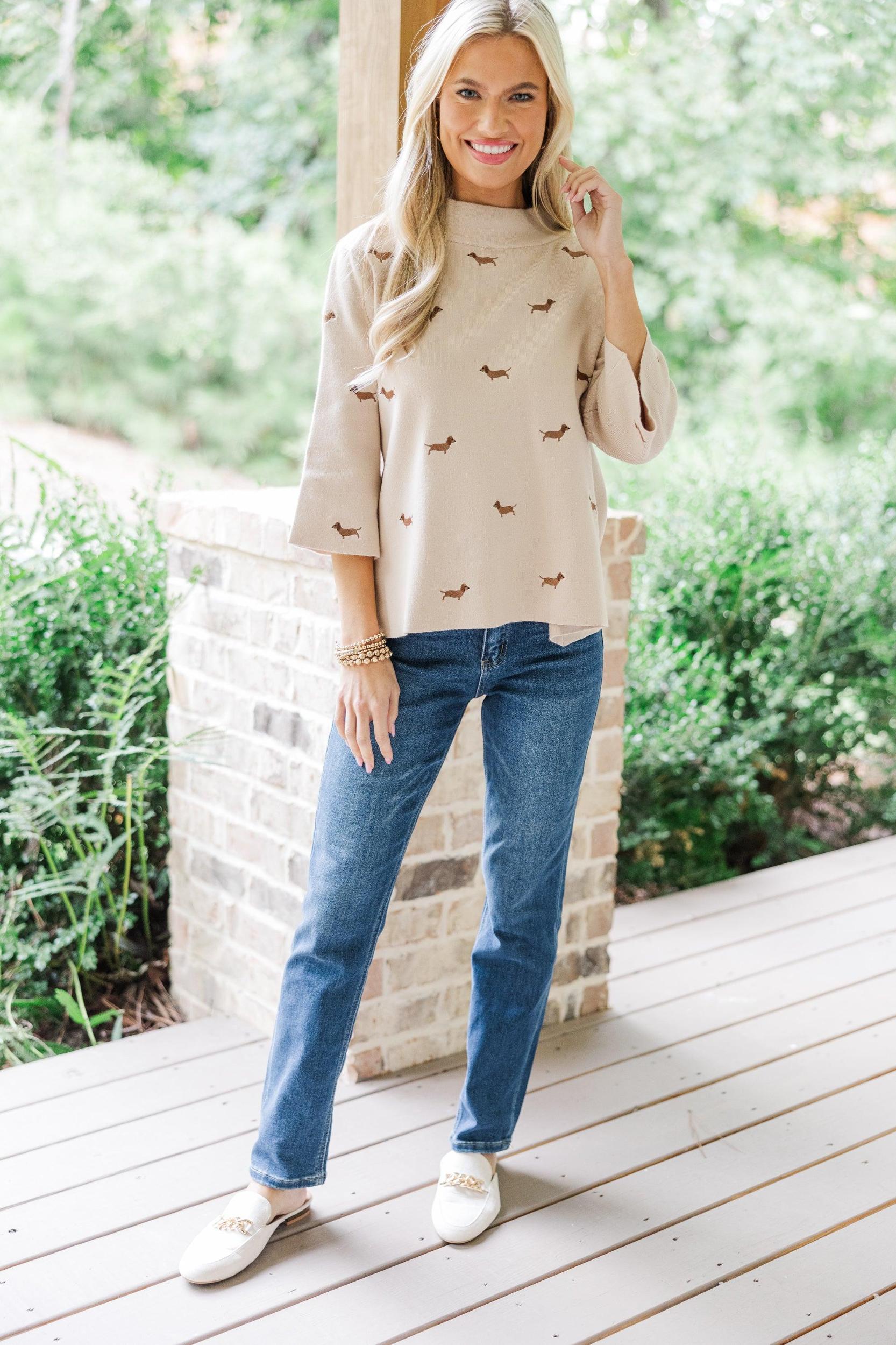 It All Works Taupe Dachshund Embroidered Sweater Female Product Image