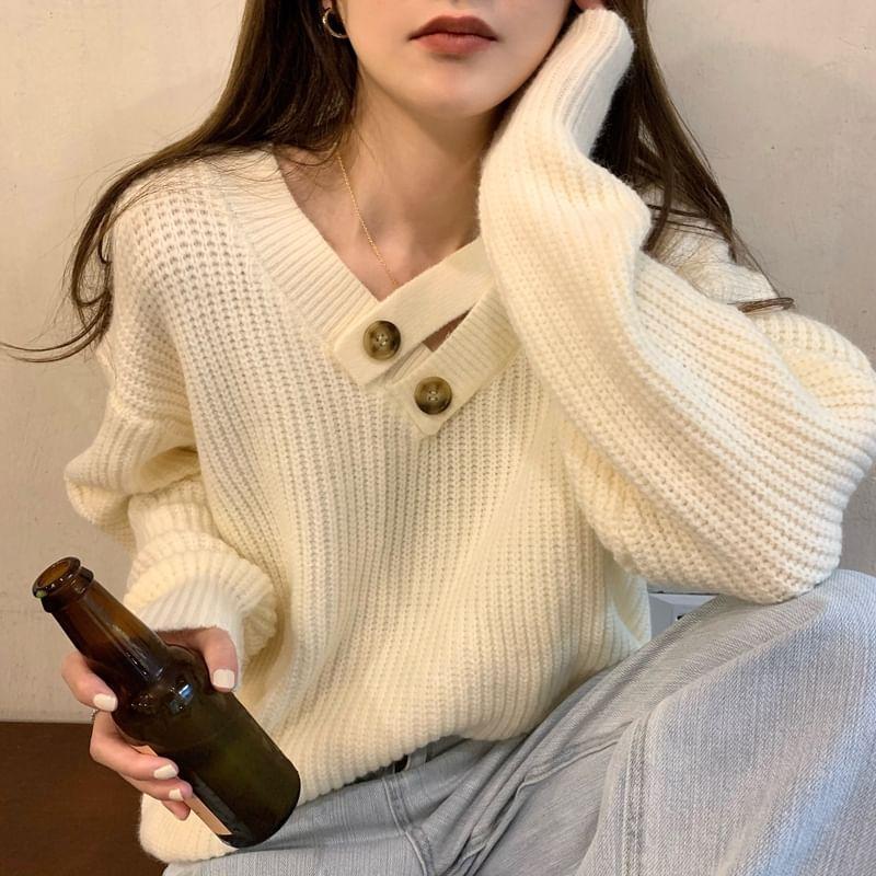 Asymmetrical Neck Plain Button Accent Sweater Product Image