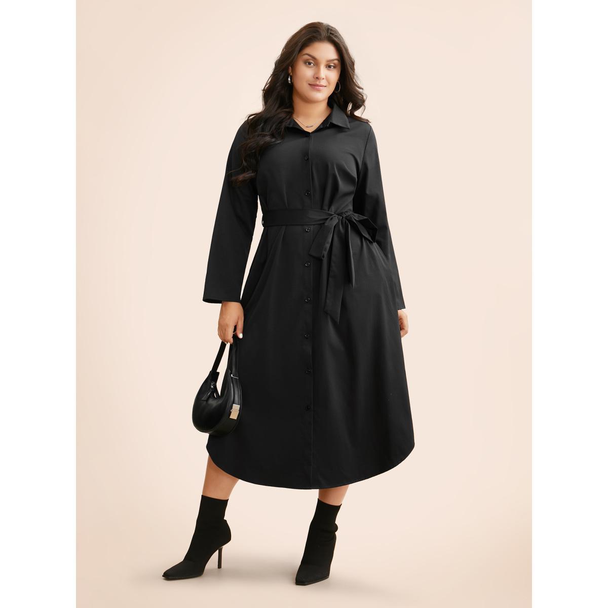 Plus Size Shirt Collar Curved Hem Midi Dress Black Women At the Office Belted Shirt collar Long Sleeve Curvy BloomChic 18-20/2X Product Image