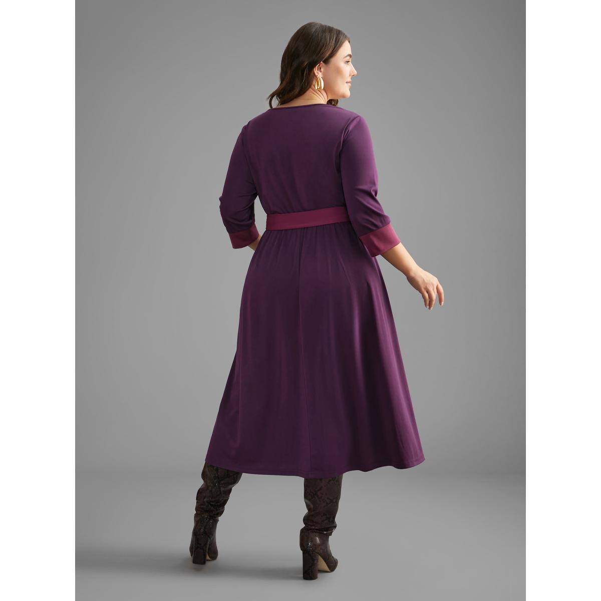 Plus Size Overlap Collar Contrast Belted Midi Dress Deeppurplered Women Elegant Belted Overlap Collar Elbow-length sleeve Curvy BloomChic 28/5X Product Image