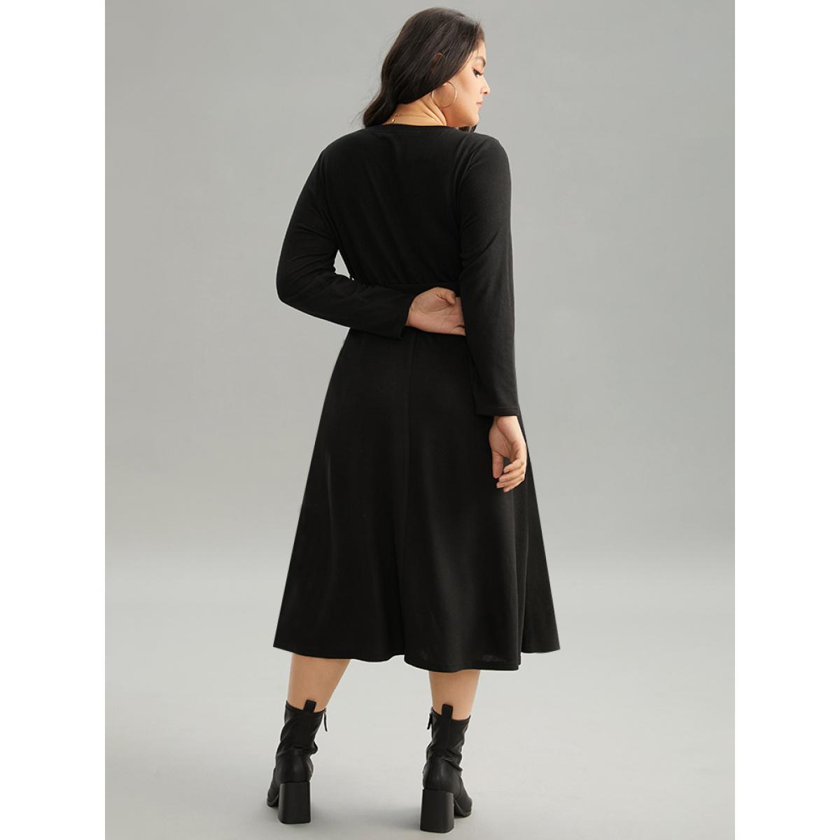 Plus Size Christmas Letter Print Elastic Waist Belted Dress Black Women Office Belted Curvy Midi Dress BloomChic 28/5X Product Image