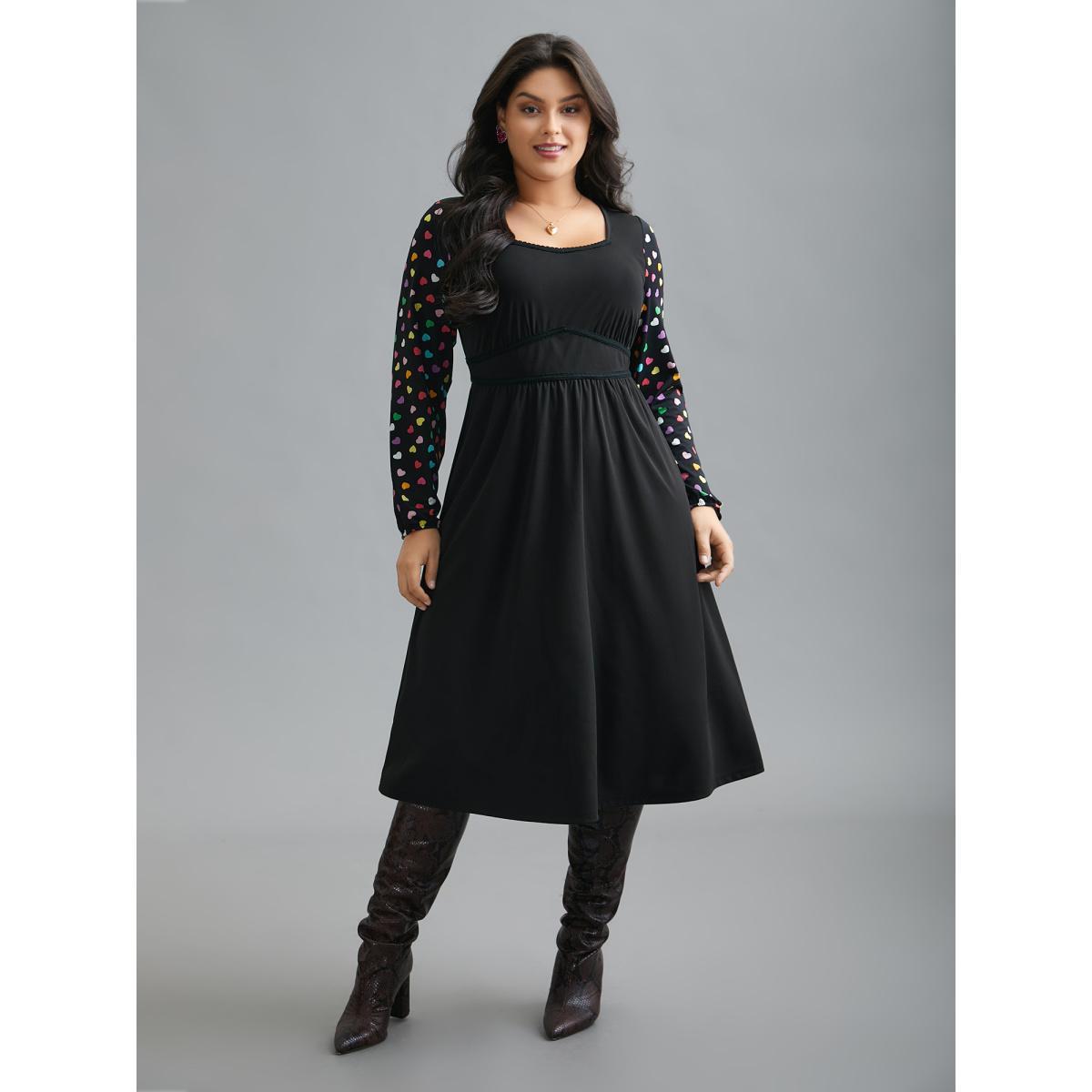 Plus Size Polka Dot Sleeve Waist-Cinched Lace Dress Black Women Elegant Woven ribbon&lace trim Heart neckline Long Sleeve Curvy BloomChic 12/L Product Image