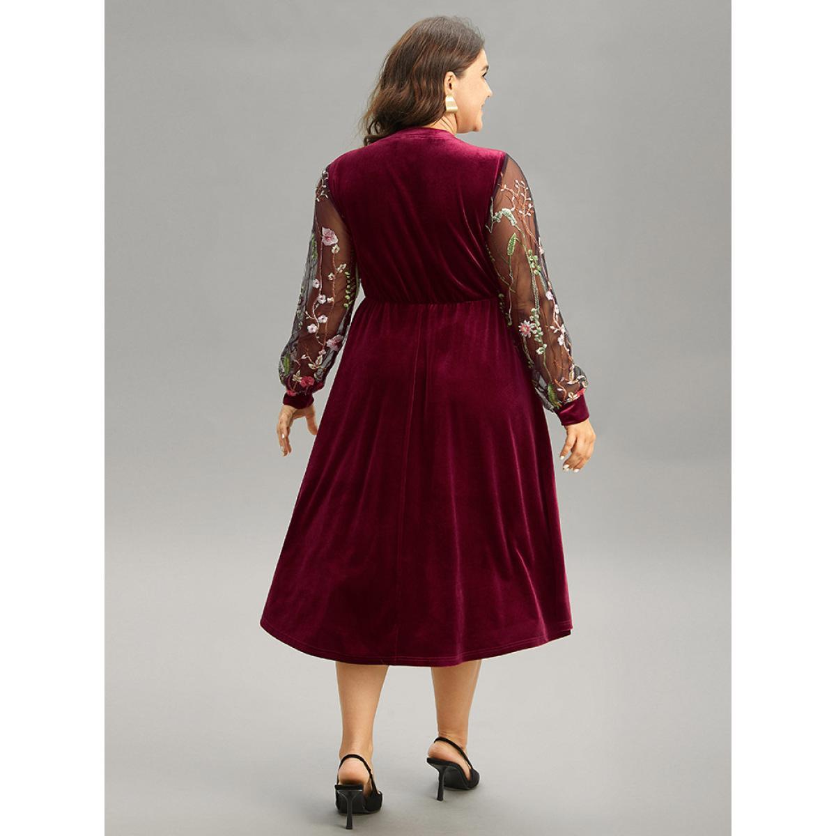 Plus Size Floral Embroidered Patchwork Lace Velvet Mesh Dress Burgundy Women Elegant Velvet Round Neck Long Sleeve Curvy Midi Dress BloomChic 14-16/1X Product Image