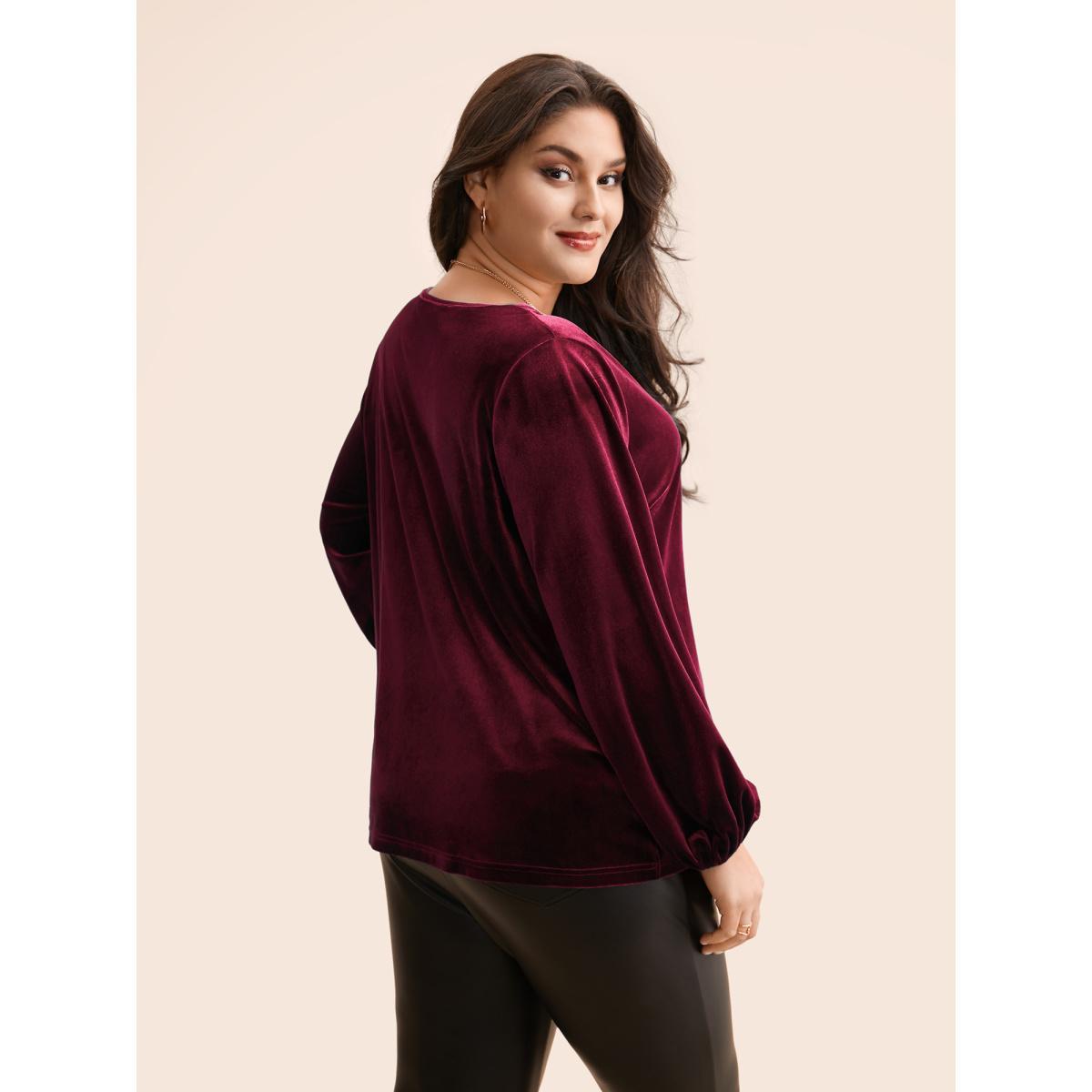 Plus Size Burgundy V Neck Velvet Lantern Sleeve Blouse Women Elegant Long Sleeve V-neck Everyday Blouses BloomChic 30/6X Product Image