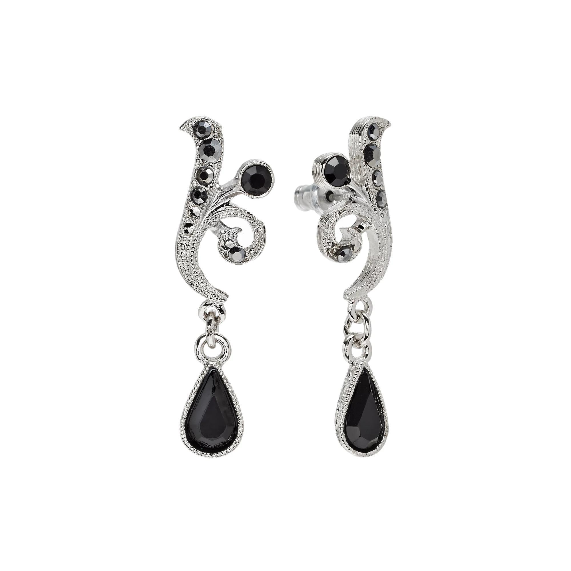 1928 Silver Tone Simulated Crystal Drop Earrings, Womens, Black Product Image