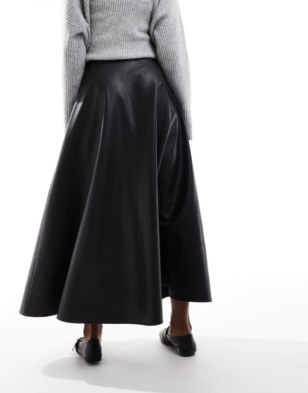 ASOS DESIGN leather look high split detail volume maxi skirt in black Product Image