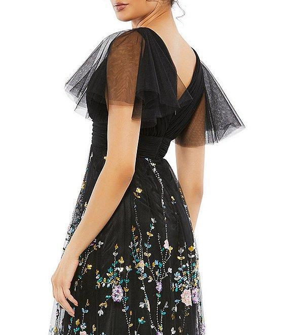 Mac Duggal Floral Embellished Illusion Short Butterfly Sleeve V-Neck Gown Product Image
