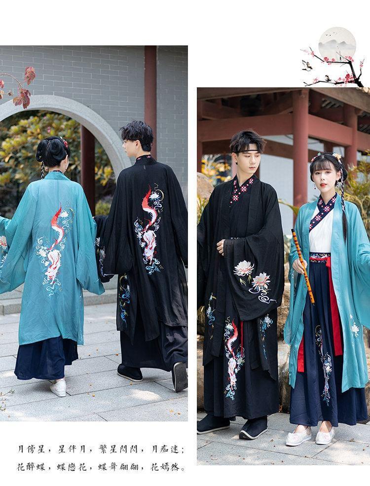 Couple Matching Fox Floral Embroidered Hanfu Jacket / Top / High Waist Maxi A-Line Skirt / Set Product Image