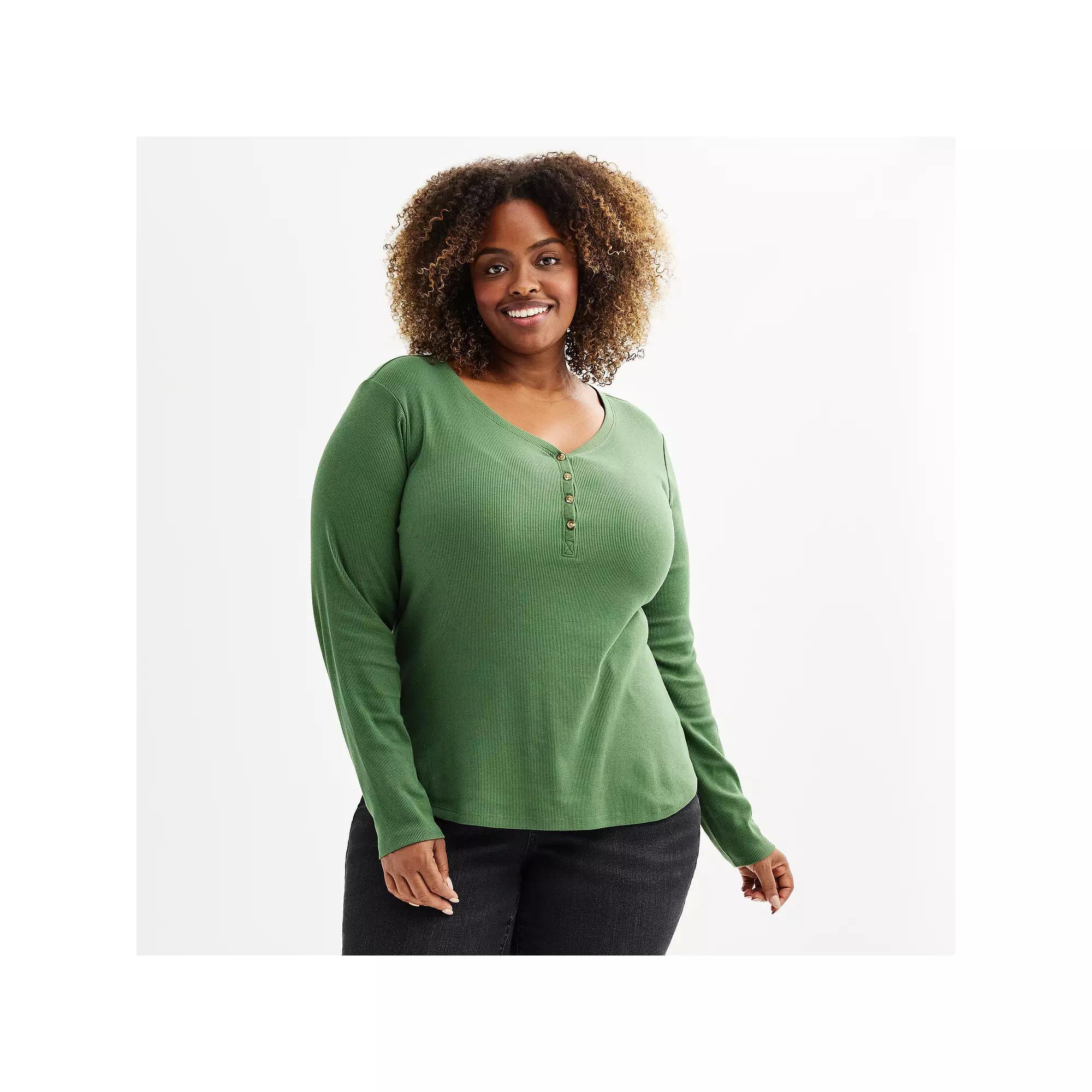 Plus Size Sonoma Goods For Life Ribbed Long Sleeve Henley, Womens Product Image