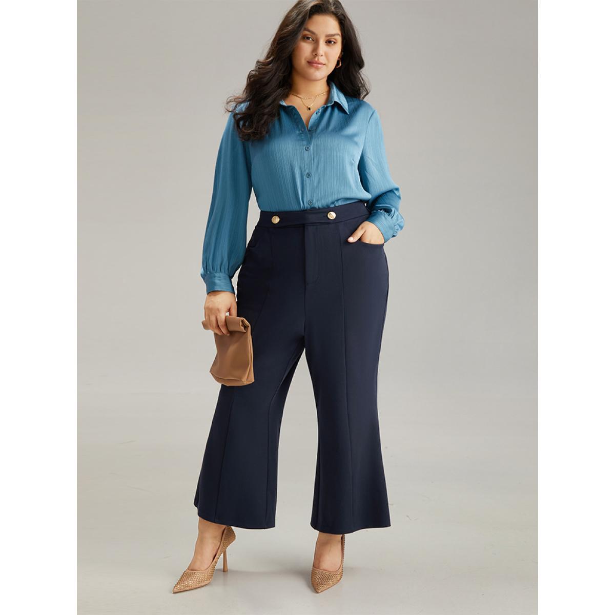 Plus Size Solid Metal Detail Pocket Flare Leg Pants Women Midnight Office Flare Leg High Rise Work Pants BloomChic 28/5X Product Image