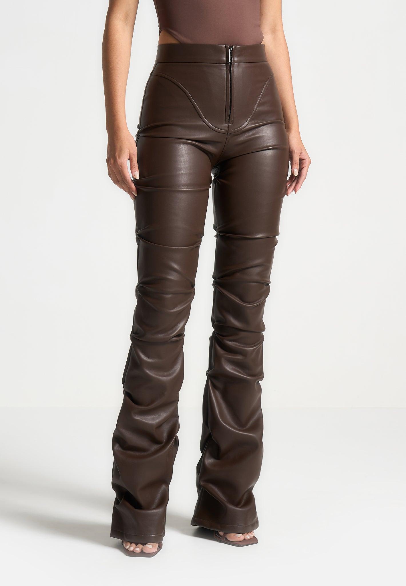 Caroline - Tacked Leather Flared Trousers - Brown Female Product Image