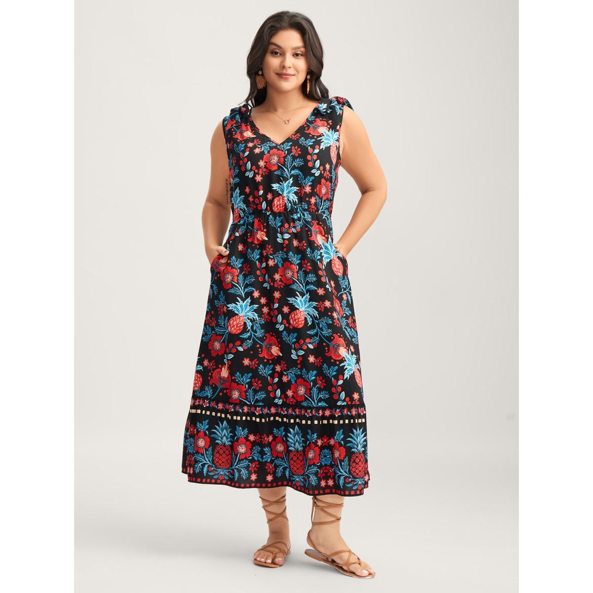 Plus Size Boho Print Shoulder Tie Midi Dress Multicolor Women Gathered V-neck Sleeveless Curvy BloomChic 28/5X Product Image